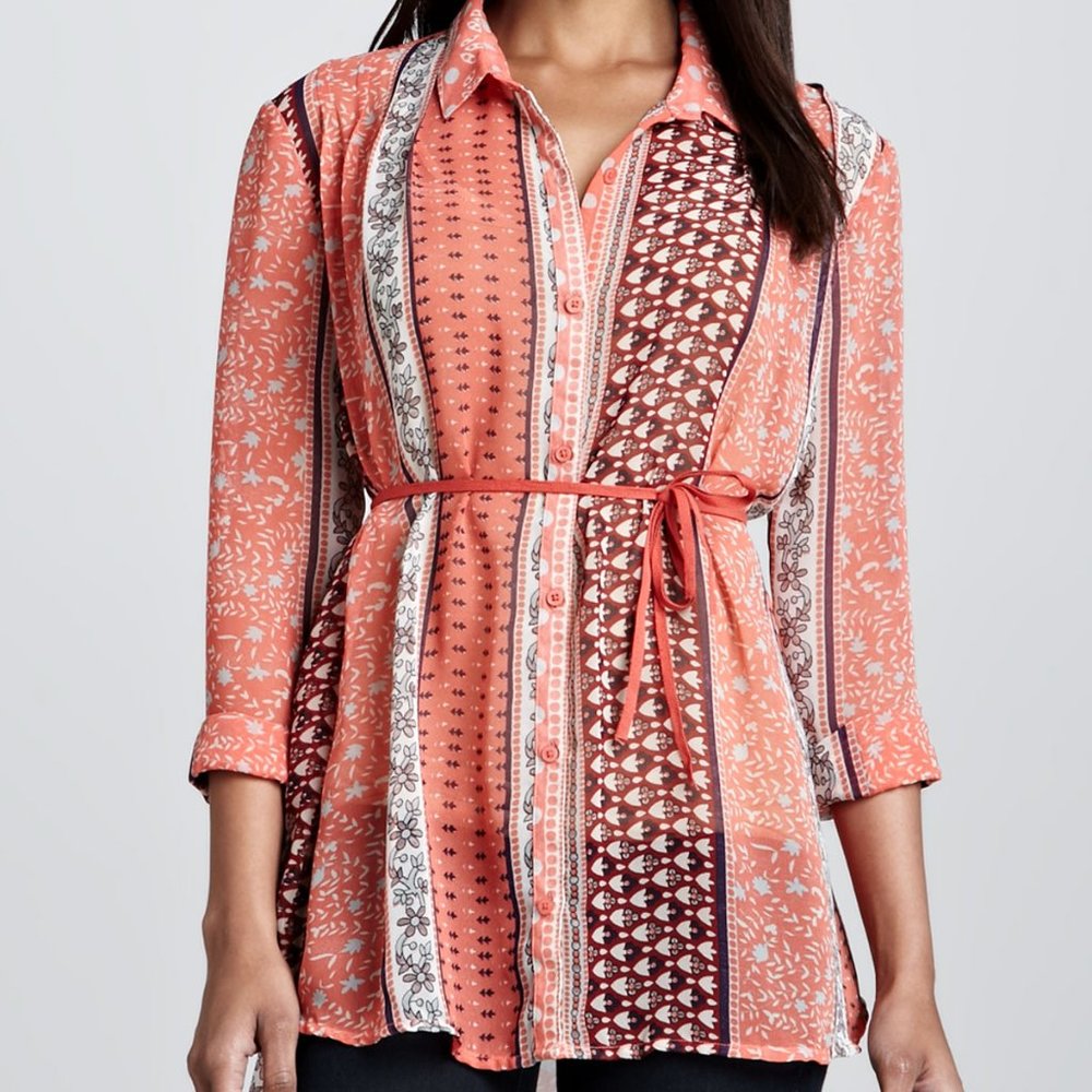 Free People Moonlight Mile Mixed-Print Top in Hot Coral Combo - Picture 7 of 8